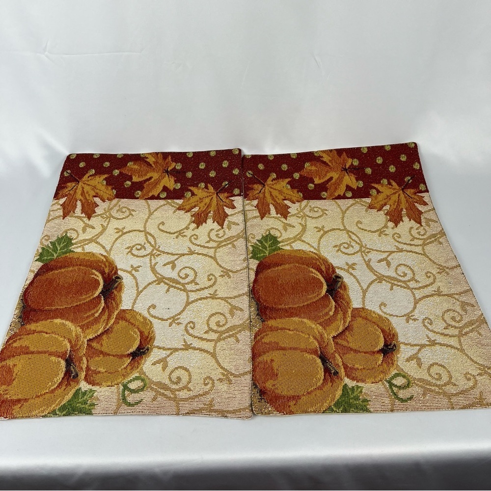 Pair of Placements (2) Pumpkins and Leaves w/Gold Scrolls Orange Tan Red Bling - Picture 7 of 14